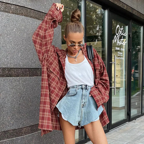 Plaid Checkered Single Breasted Shirts Women Casual Loose Long Sleeve