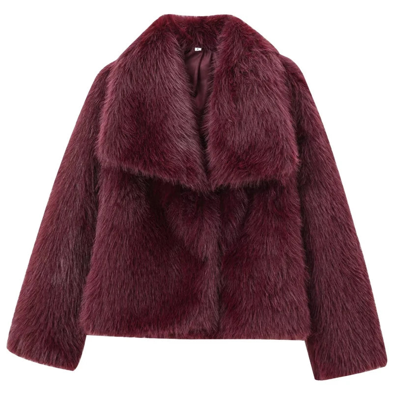 HXAO Women's Fur Coat Women 2024 Plush Burgundy Bomber Jacket Solid