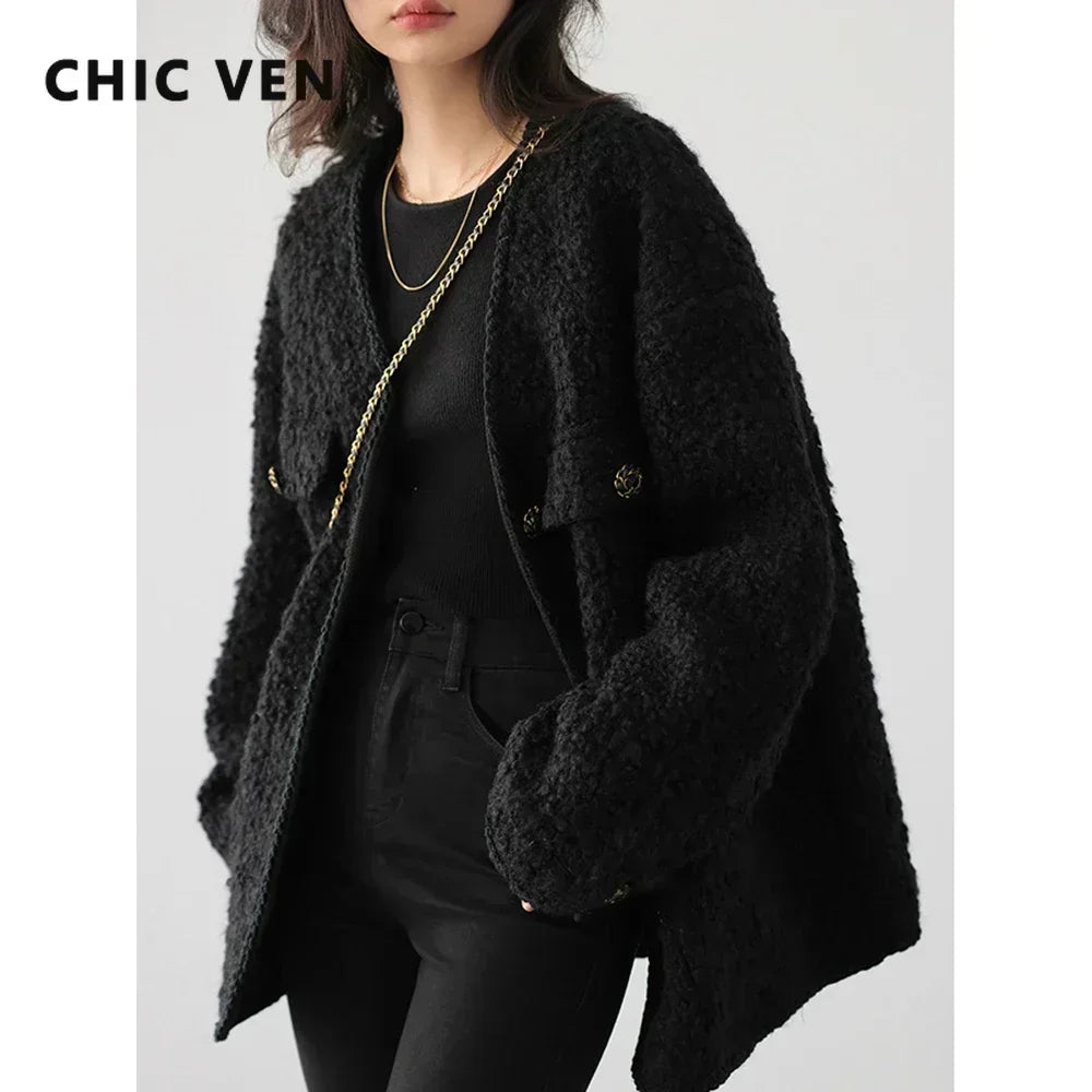 CHIC VEN Fashion Women's Wool Coat Single Breasted Vintage Jacket