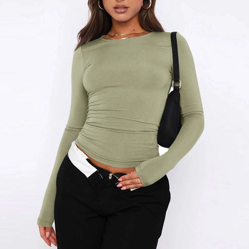 Women's Fashion Solid Color Round Neck Long Sleeve T-Shirt Top Tops