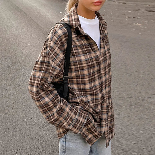 Plaid Checkered Single Breasted Shirts Women Casual Loose Long Sleeve