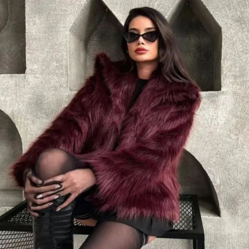 HXAO Women's Fur Coat Women 2024 Plush Burgundy Bomber Jacket Solid