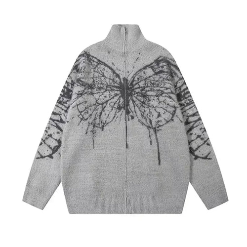 Deeptown Fluffy Oversized Butterfly Zip Up Cardigan Women Grunge Y2k