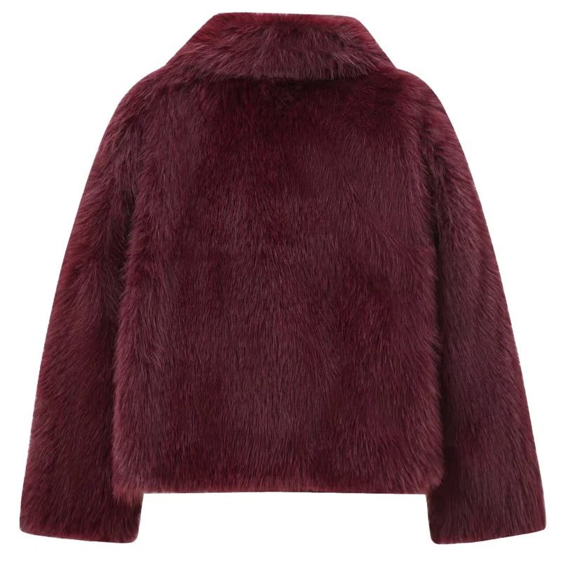 HXAO Women's Fur Coat Women 2024 Plush Burgundy Bomber Jacket Solid