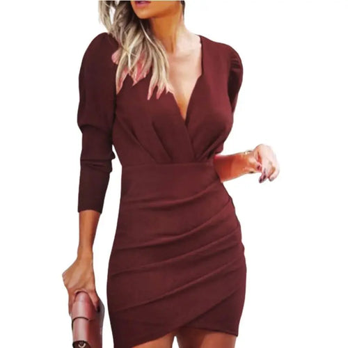 Women's Sexy Mini Dresses Spring Autumn V-Neck Long Sleeved Slim Dress