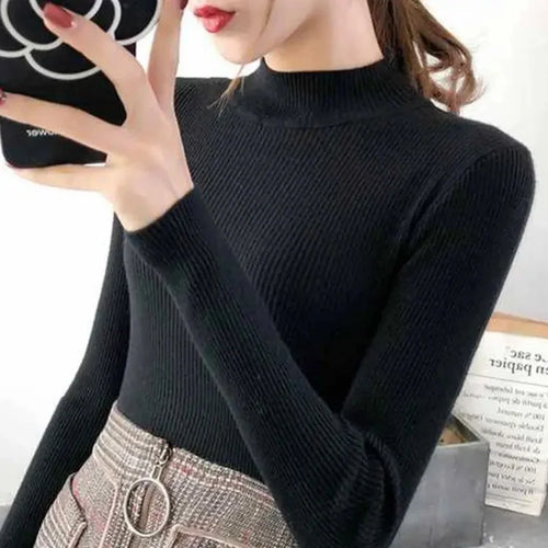 Autumn Winter Mock Neck Women Sweater Vintage Basic Solid Knitted Tops