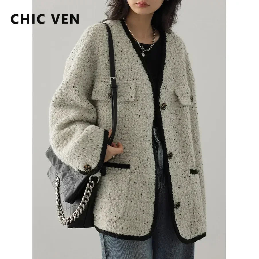 CHIC VEN Fashion Women's Wool Coat Single Breasted Vintage Jacket