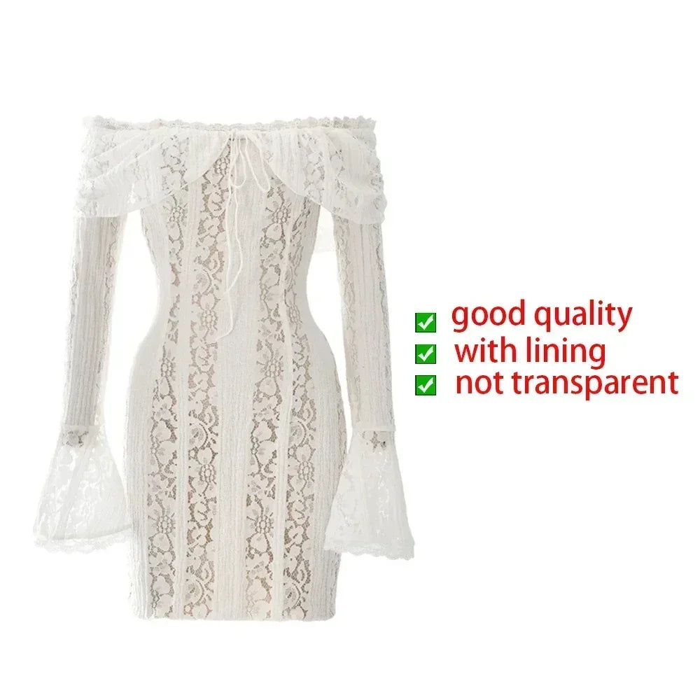 Oligai Lace Slim Mini Dress for Women Off The Shoulder Sexy Long