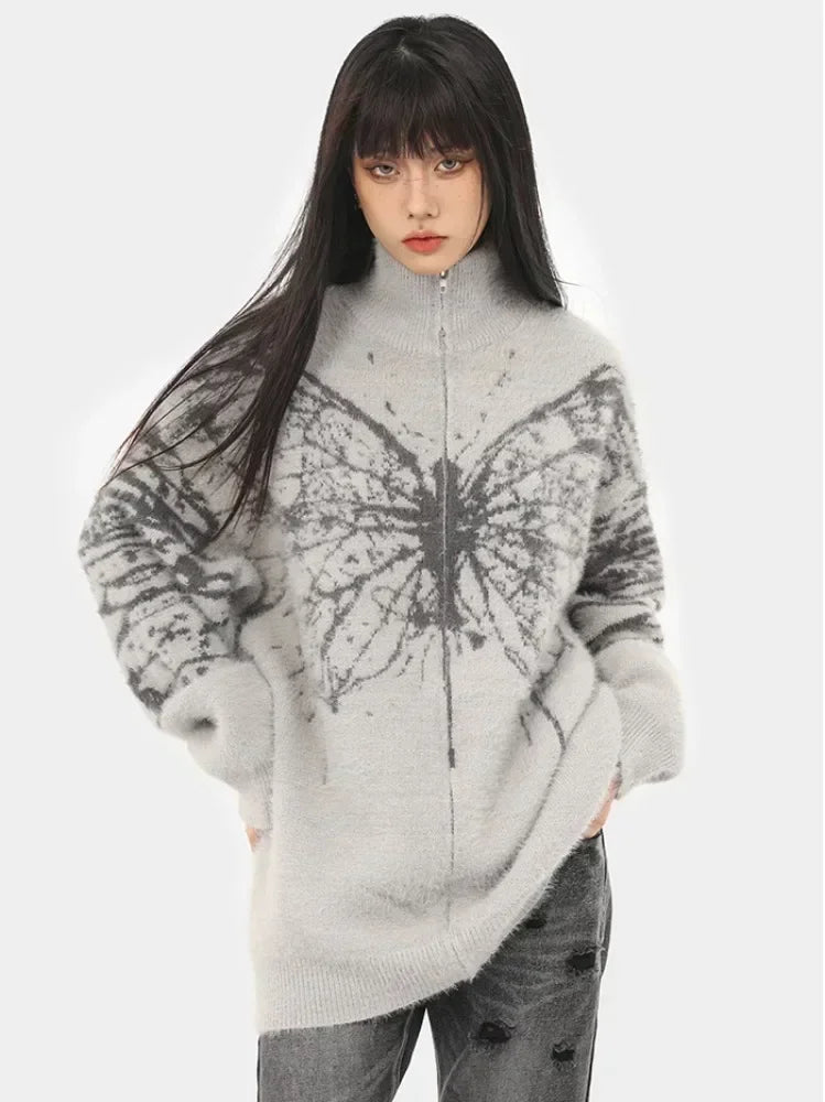 Deeptown Fluffy Oversized Butterfly Zip Up Cardigan Women Grunge Y2k