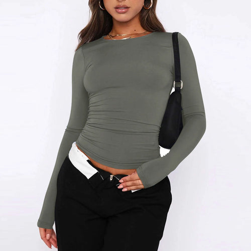 Women's Fashion Solid Color Round Neck Long Sleeve T-Shirt Top Tops