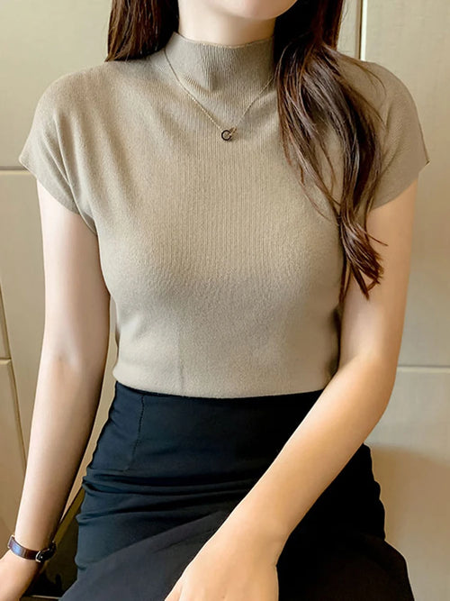 Women Summer Sexy Knitted Turtleneck Sleeveless T-Shirts Tops Solid