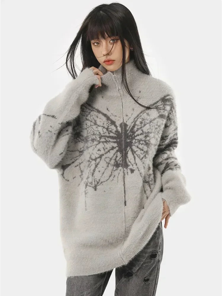 Deeptown Fluffy Oversized Butterfly Zip Up Cardigan Women Grunge Y2k