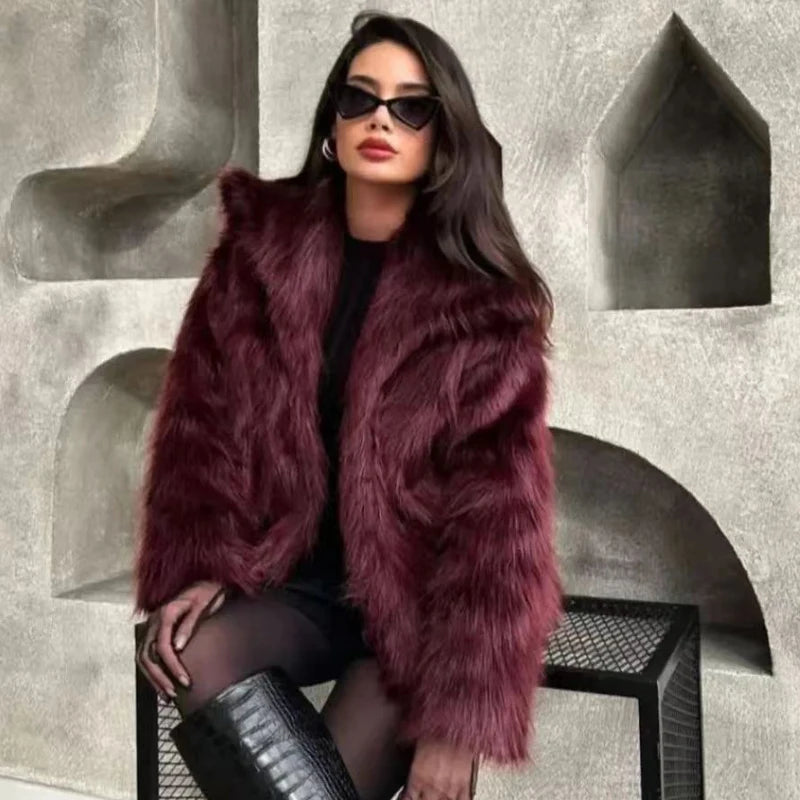 HXAO Women's Fur Coat Women 2024 Plush Burgundy Bomber Jacket Solid