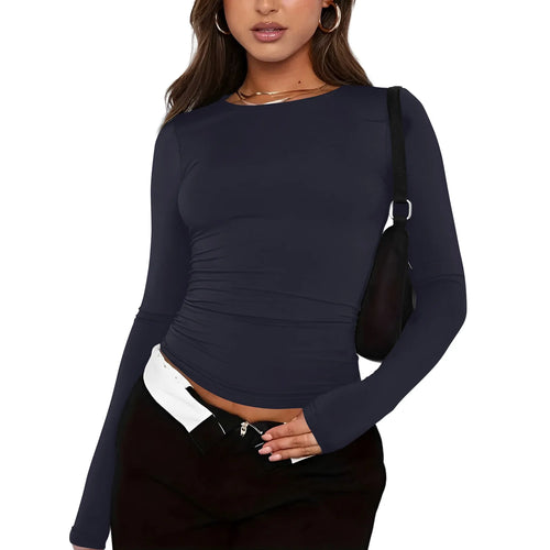 Women's Fashion Solid Color Round Neck Long Sleeve T-Shirt Top Tops