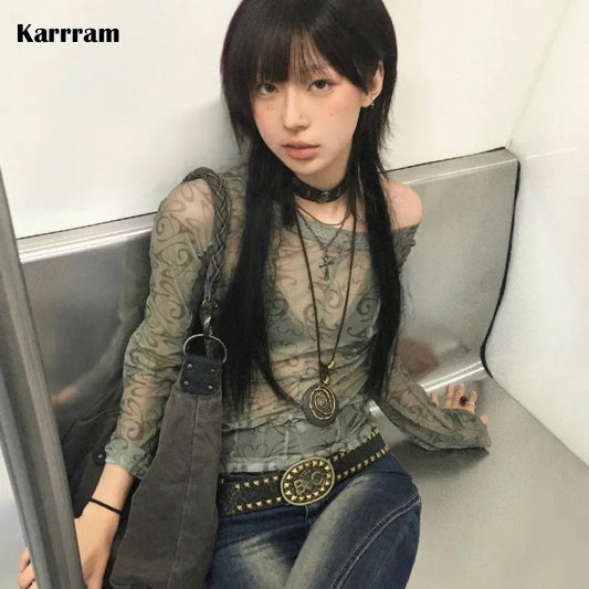 Karrram Grunge Aesthetics Mesh Tops Japanese Y2k Sheer Tops Vintage