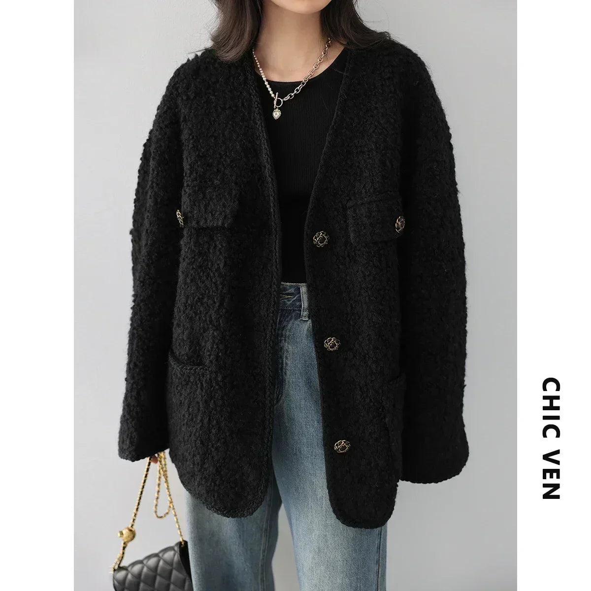 CHIC VEN Fashion Women's Wool Coat Single Breasted Vintage Jacket