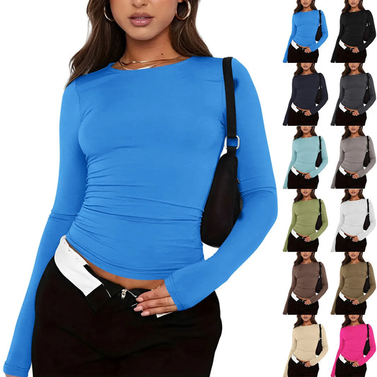 Women's Fashion Solid Color Round Neck Long Sleeve T-Shirt Top Tops