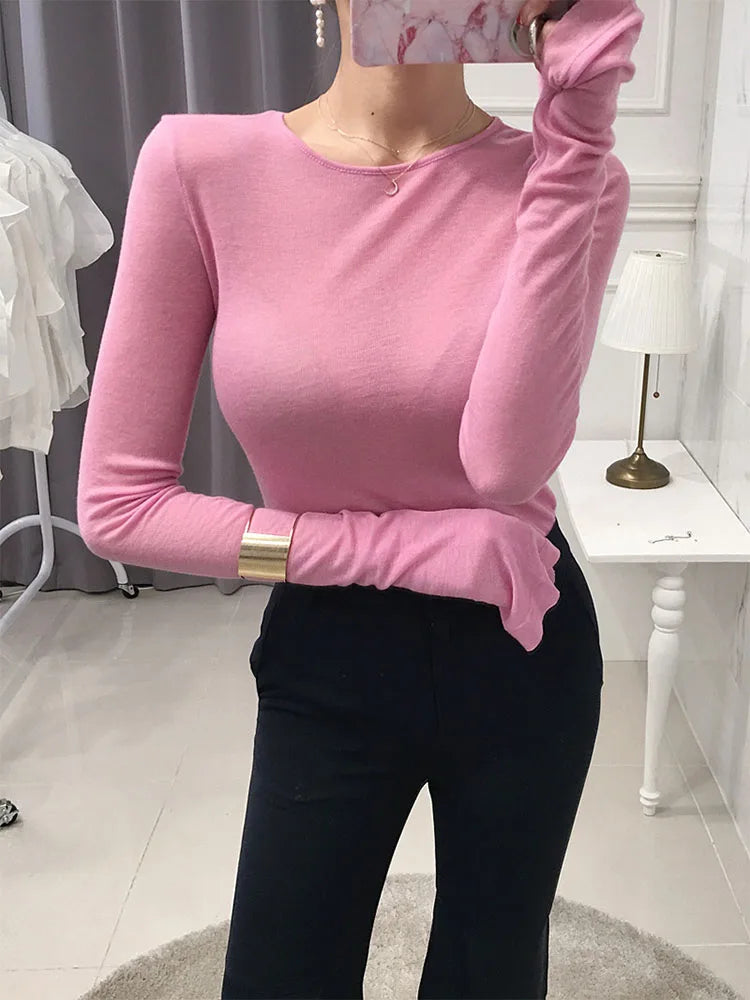 Sexy Shirt Women T-Shirt Long Sleeve Korean Style Slim Basic