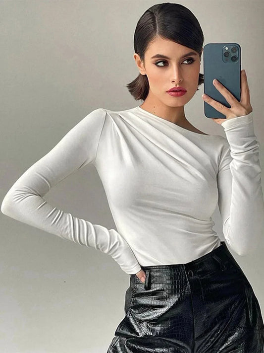 Long Sleeve Top White T-Shirts Women Basic Crop Top Autumn Pollover