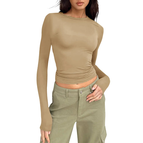 Women's Fashion Solid Color Round Neck Long Sleeve T-Shirt Top Tops