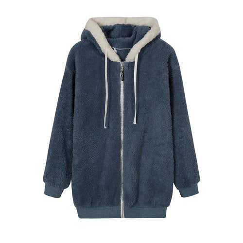 New Style Autumn And Winter Loose Plush Zipper Hooded Jacket Woman