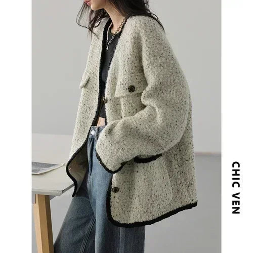 CHIC VEN Fashion Women's Wool Coat Single Breasted Vintage Jacket