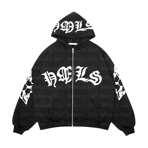 Zip Hoodie Snowflake Letter Print goth Punk Sweatshirt Women hoodies