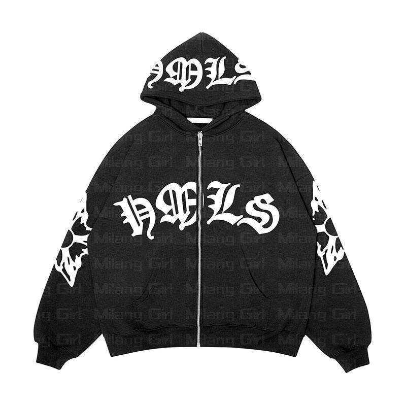 Zip Hoodie Snowflake Letter Print goth Punk Sweatshirt Women hoodies